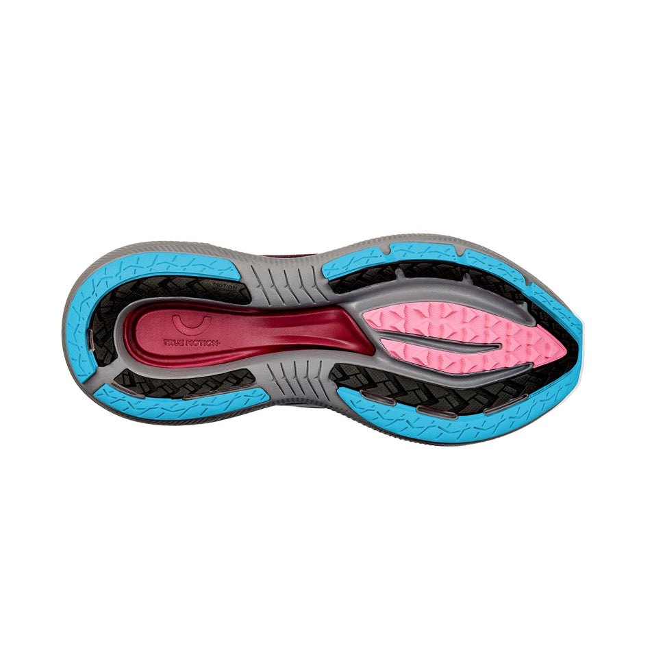 Outsole on the right shoe from a pair of True Motion Women's U-Tech Aion Elements Running Shoes in the Beaujolais/Black/Blue Grotto colourway. (8560474259618)