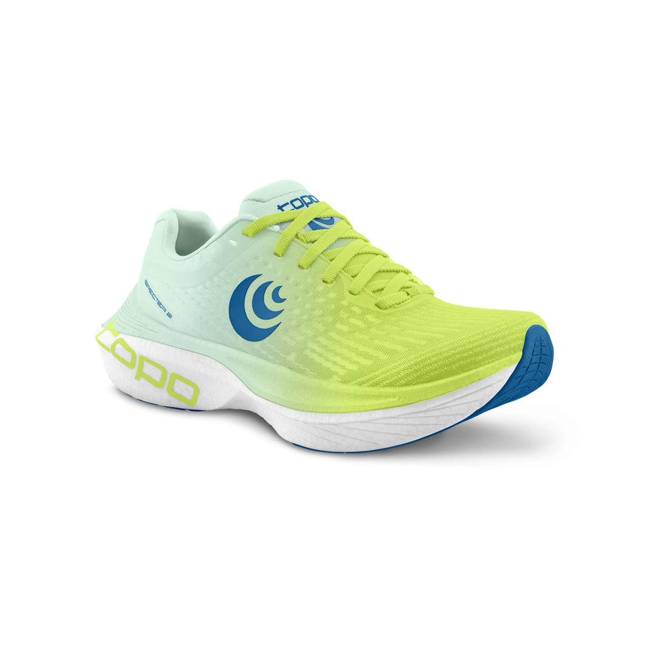 Lateral side the right shoe from a pair of Topo Athletic Men's Specter 2 Running Shoes in the Green/Blue colourway. (8489127870626)