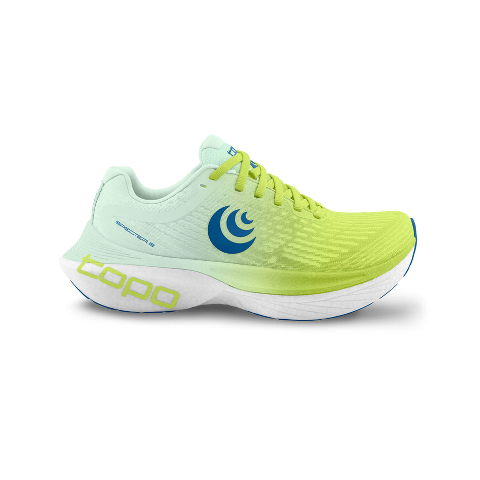 Lateral side the right shoe from a pair of Topo Athletic Men's Specter 2 Running Shoes in the Green/Blue colourway. (8489127870626)