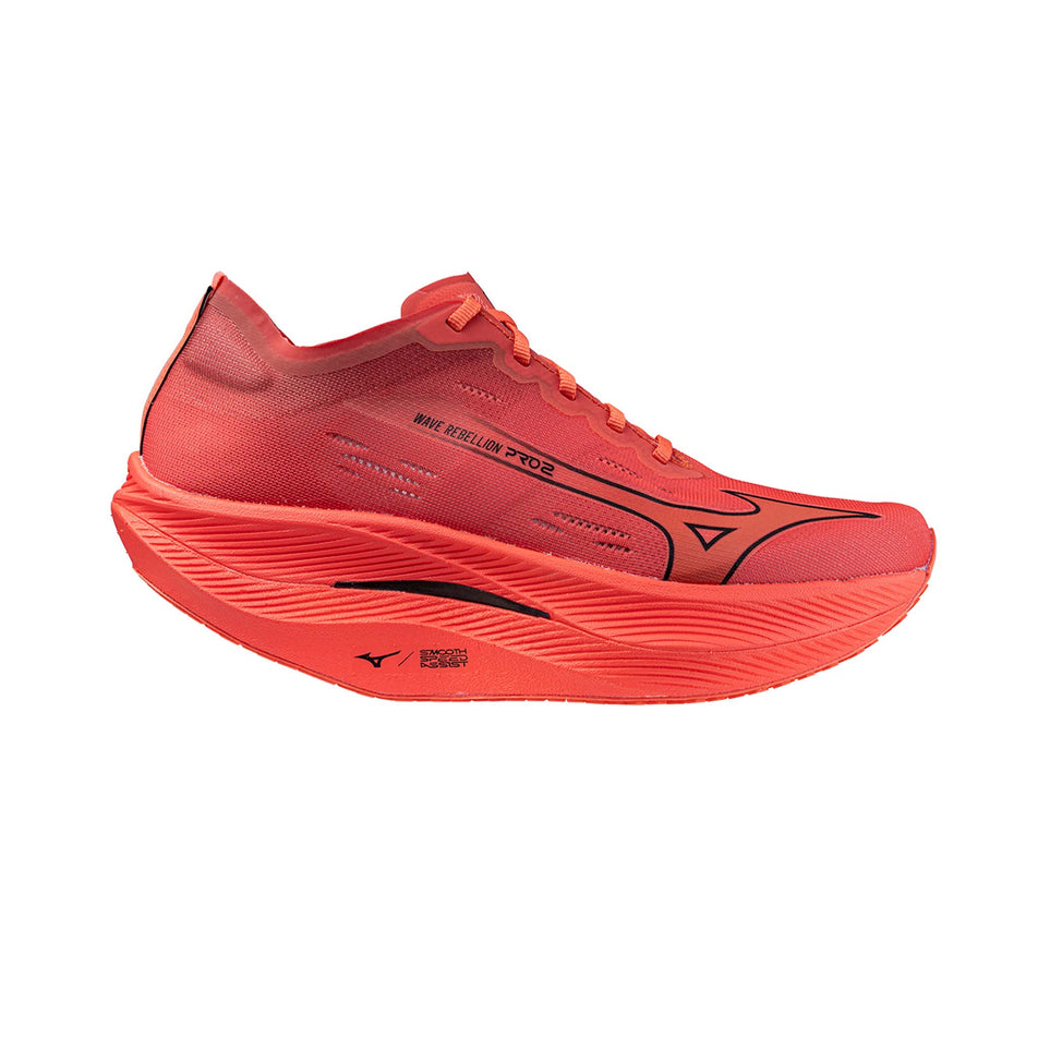 Lateral side of the right shoe from a pair of Mizuno Men's Wave Rebellion Pro 2 Running Shoes in the Dubarry/Cranberry/Black colourway (8191112773794)