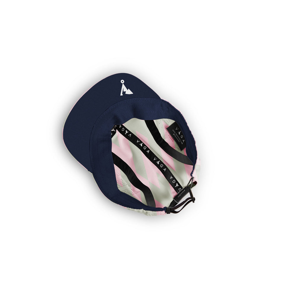 The underside of a VAGA Unisex Limited Edition Patterned Feather Racing Cap in the Taupe Grey/Pastel Pink/Navy Blue colourway (8385416954018)