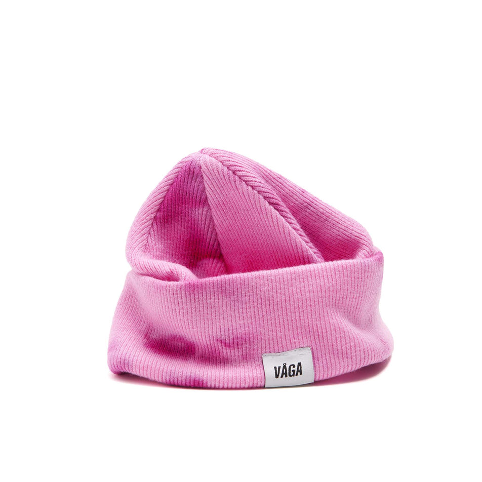 A VAGA Unisex Fine Rib Tie Dye Beanie in the Bright Pink/Light Pink colourway, with the cuff turned down.  (8551970832546)