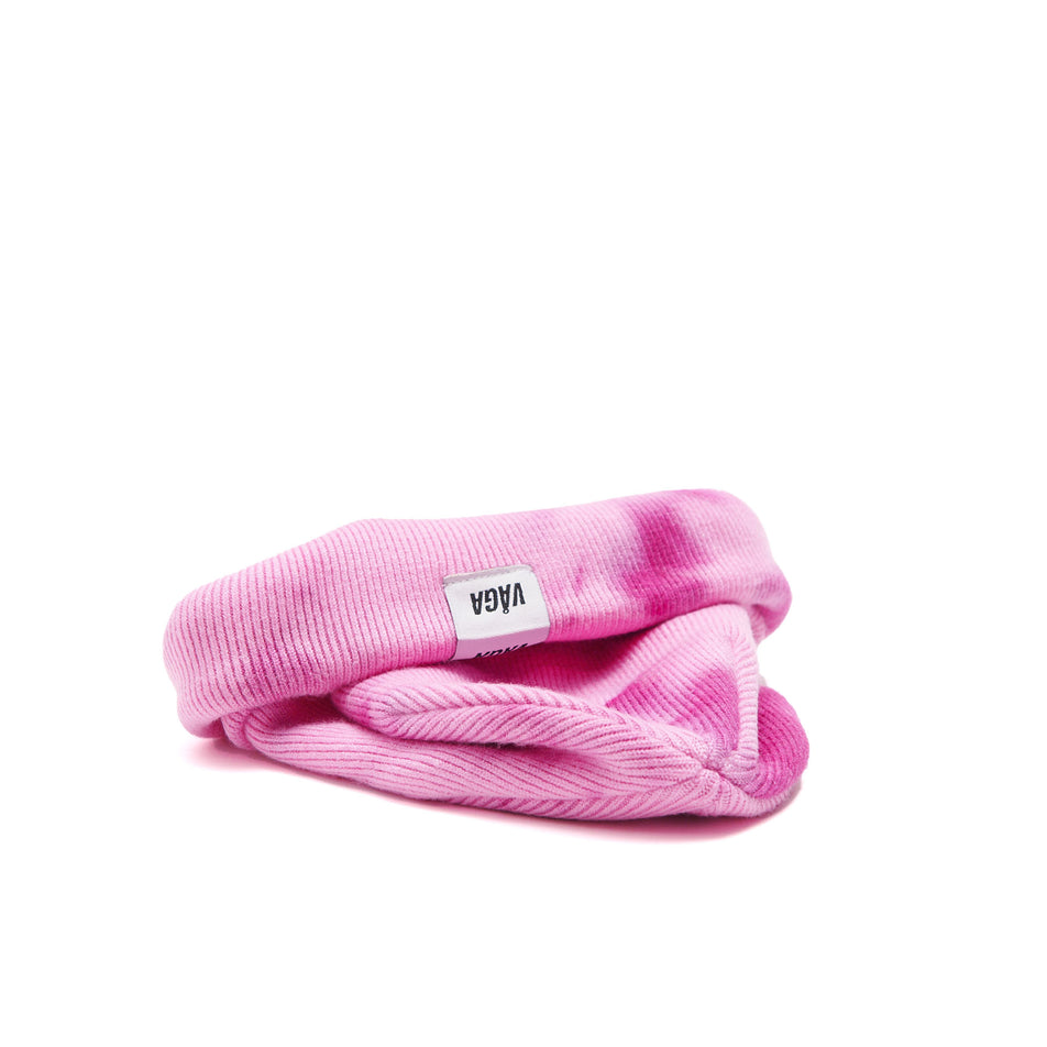 A VAGA Unisex Fine Rib Tie Dye Beanie in the Bright Pink/Light Pink colourway, with the cuff turned up.  (8551970832546)