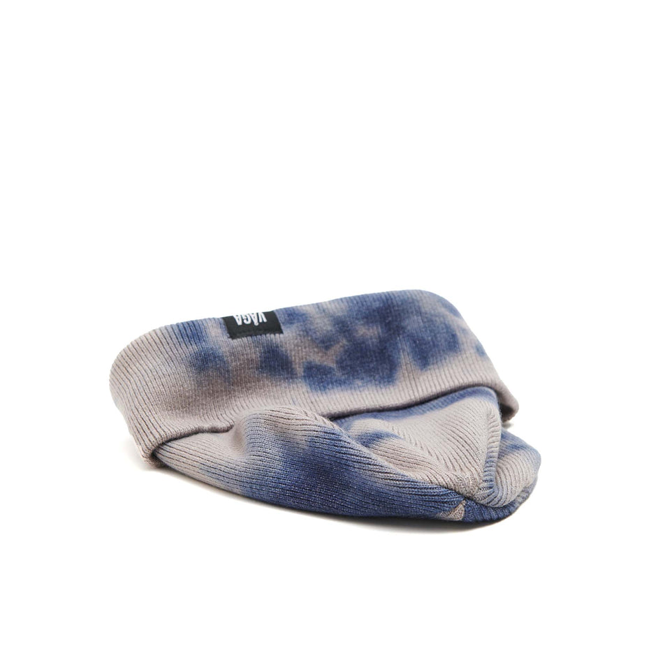 A VAGA Unisex Fine Rib Tie Dye Beanie in the Navy Blue/Dark Taupe colourway, with the cuff turned down. (8551968669858)