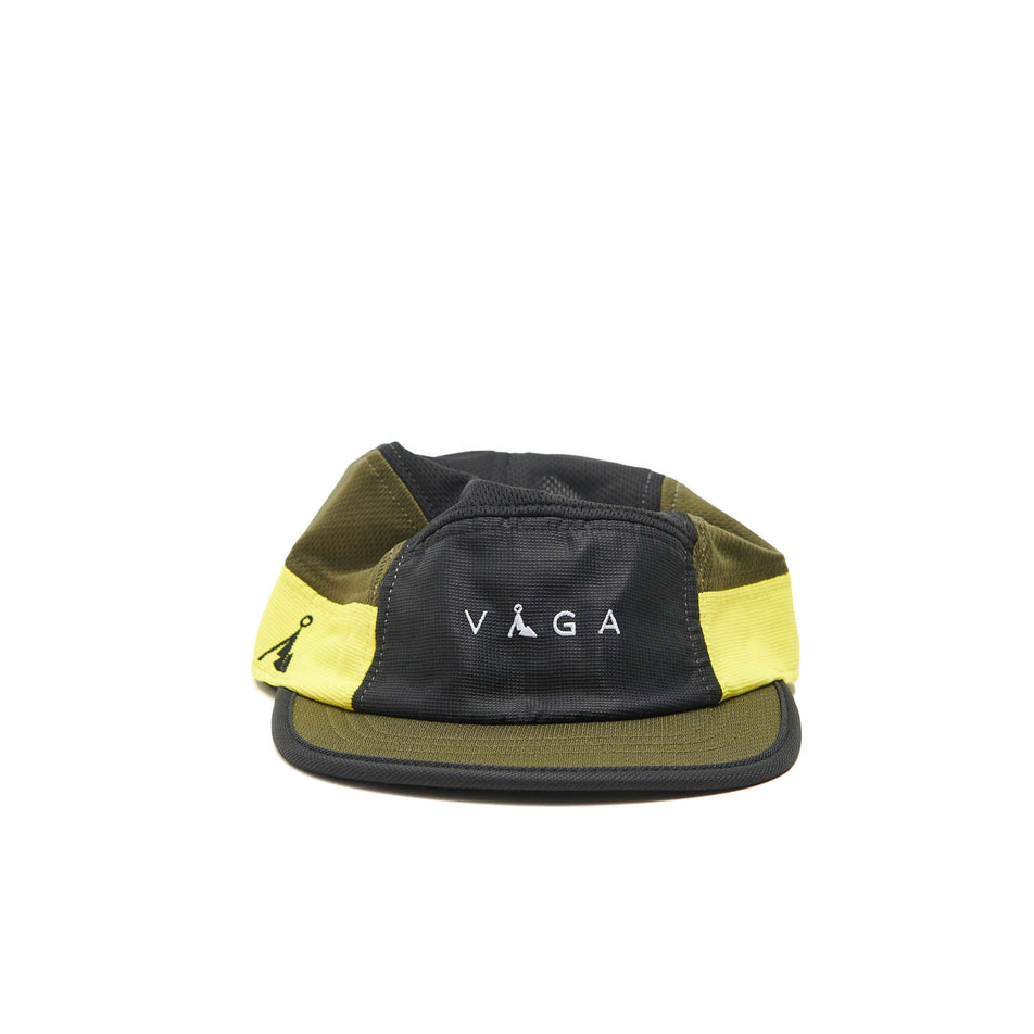 Front view of a VAGA Unisex Club Cap in the Moss Green/Black/Bright Yellow/Navy Blue colourway.  (8551935508642)