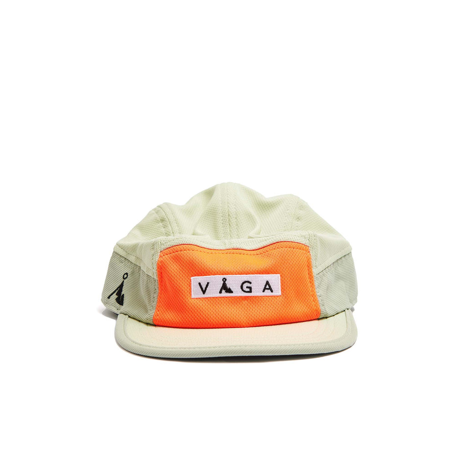 Front view of a VÅGA Unisex Club Cap in the Eucalyptus Green/Pale Green/Neon Orange/Racing Green colourway. (8486877462690)