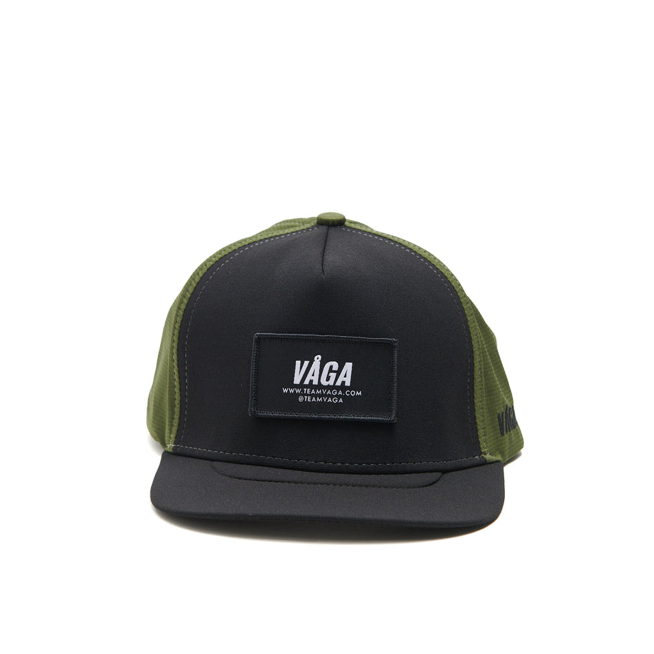 Front view of a VAGA Unisex Trucker Cap in the Moss Green/Black colourway. (8551965163682)