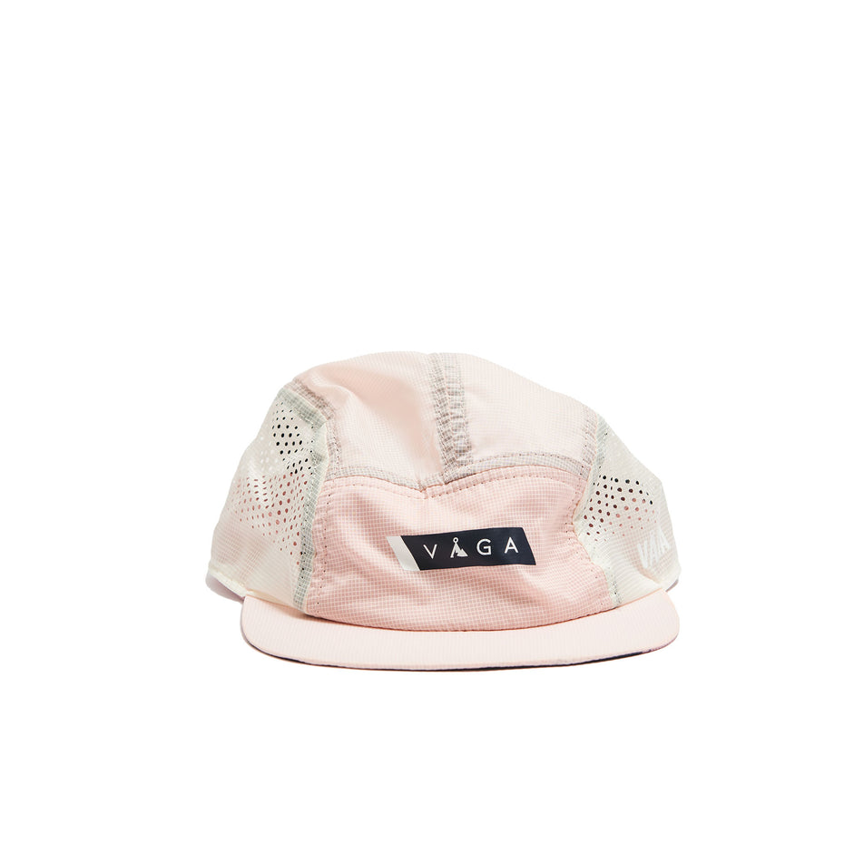 Front view of a VÅGA Unisex Wind Resistant Feather Racing Cap in the Blush/Dusty Lilac/White colourway. (8486883950754)