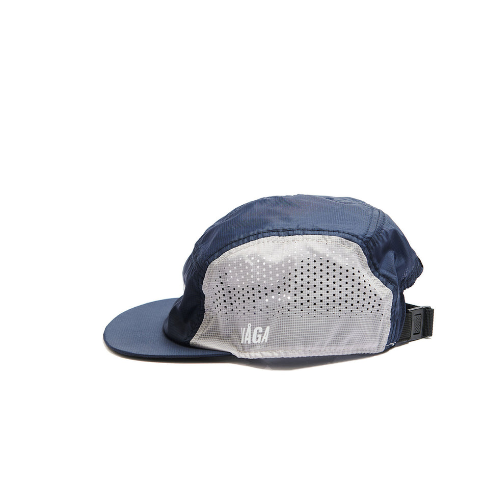 Side view of a VÅGA Unisex Wind Resistant Feather Racing Cap in the Navy/Light Grey/Charcoal/Black colourway. (8486900007074)