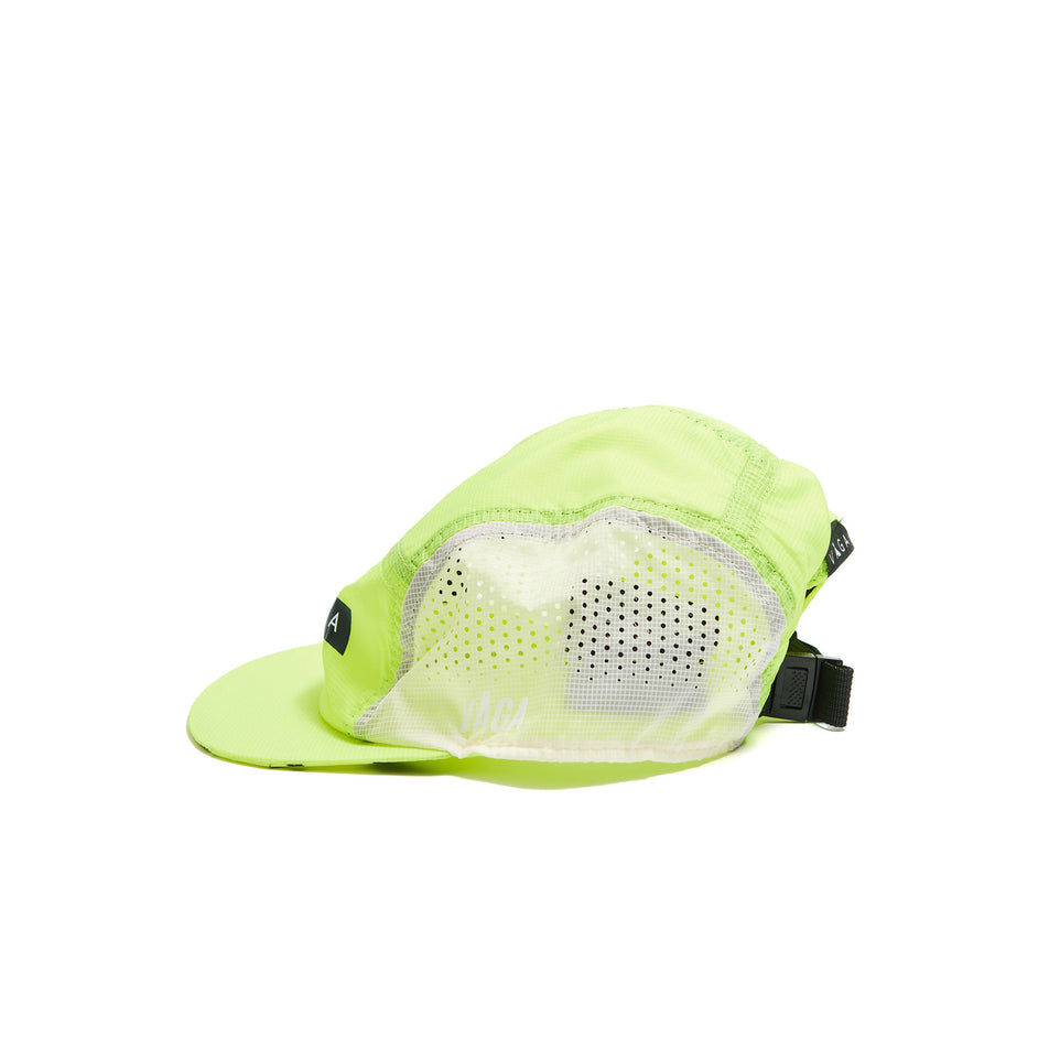 Side view of a VÅGA Unisex Wind Resistant Feather Racing Cap in the Neon Yellow/White/Black colourway. (8486894567586)